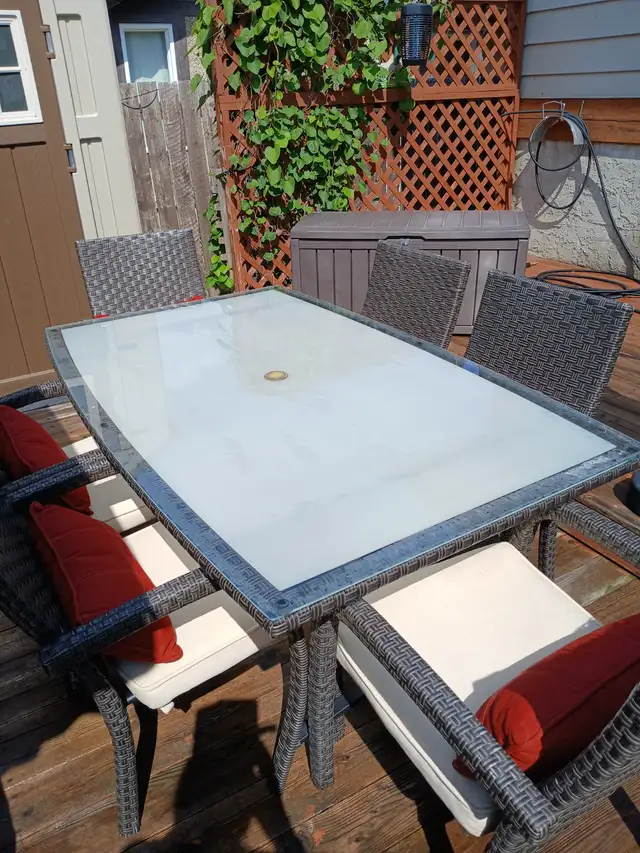 Table and 6 Chairs with Cushions and Outdoor Storage