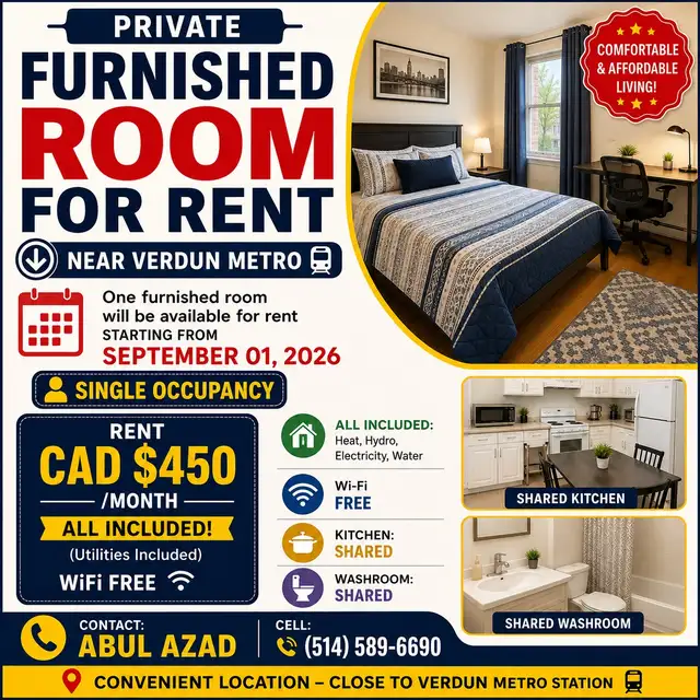 Private Furnished Room for Rent – Near Verdun Metro