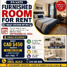 Private Furnished Room for Rent – Near Verdun Metro