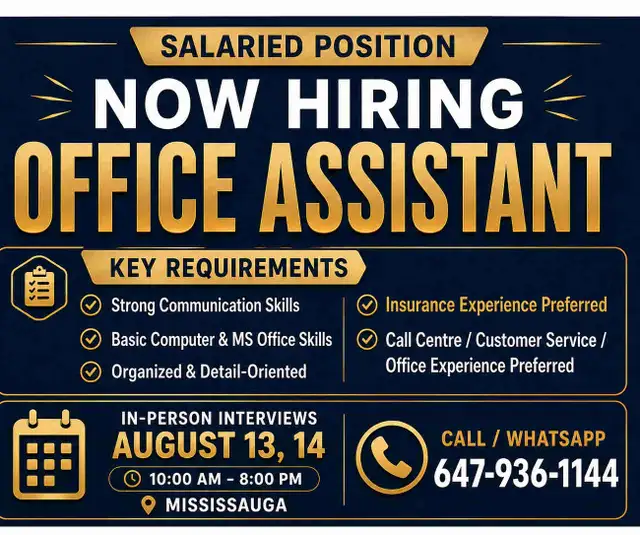 Now Hiring: Office Assistant – Salaried Position | Mississauga