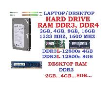 RAM DDR4, DDR3, Hard drive desktop SATA, Hard drive Laptop SATA