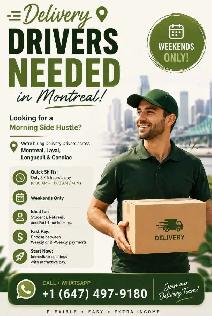 Delivery drivers needed in Montreal. Own car required. Weekends.
