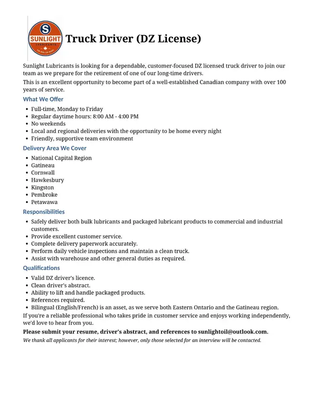 Sunlight is hiring/ Nous embauchons DZ Truck driver