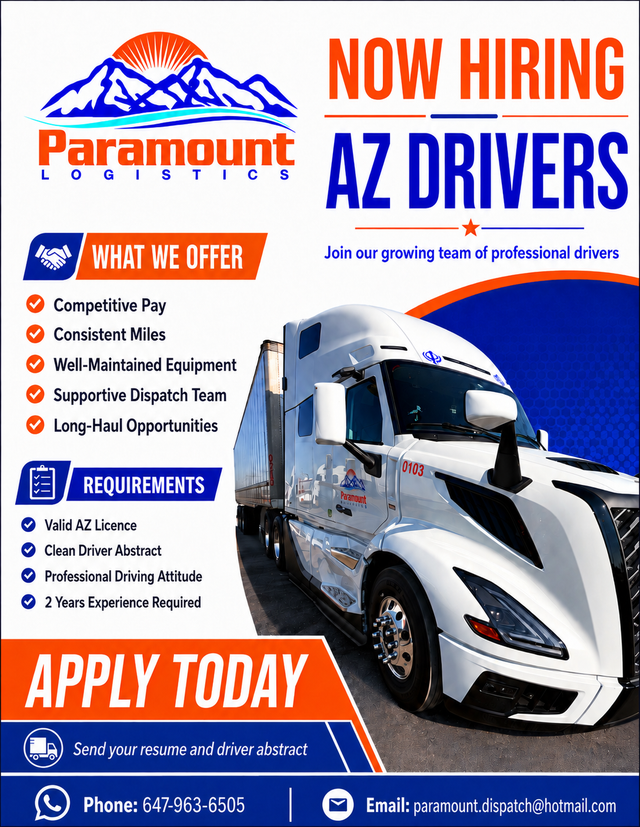 HIRING AZ Drivers for ON to USA - Mid-west
