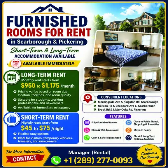 Furnished Room for Rent in Scarborough (Daily/Weekly Payment)