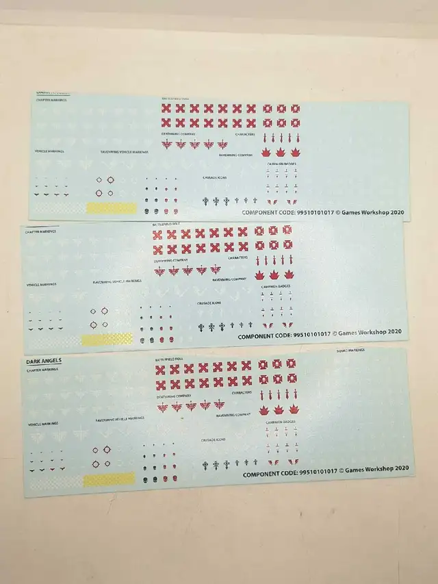 Warhammer 40k 3 sets of Dark Angels Primaris Transfer Sheets