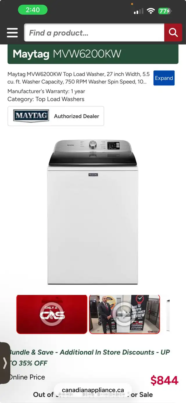 Maytag MVW6200KW Top Load Washer