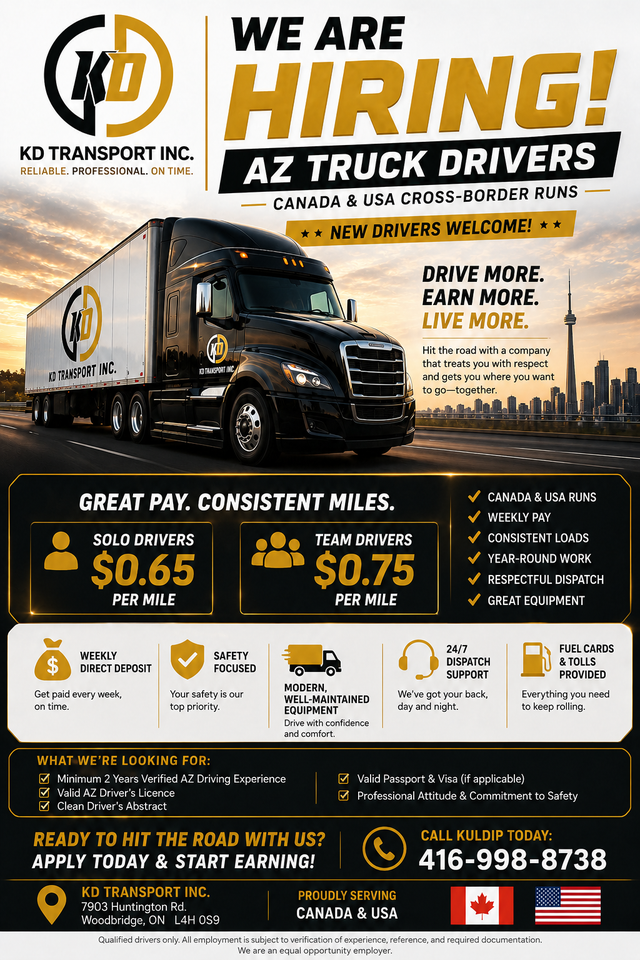 AZ TRUCK DRIVERS WANTED – CANADA & USA CROSS-BORDER