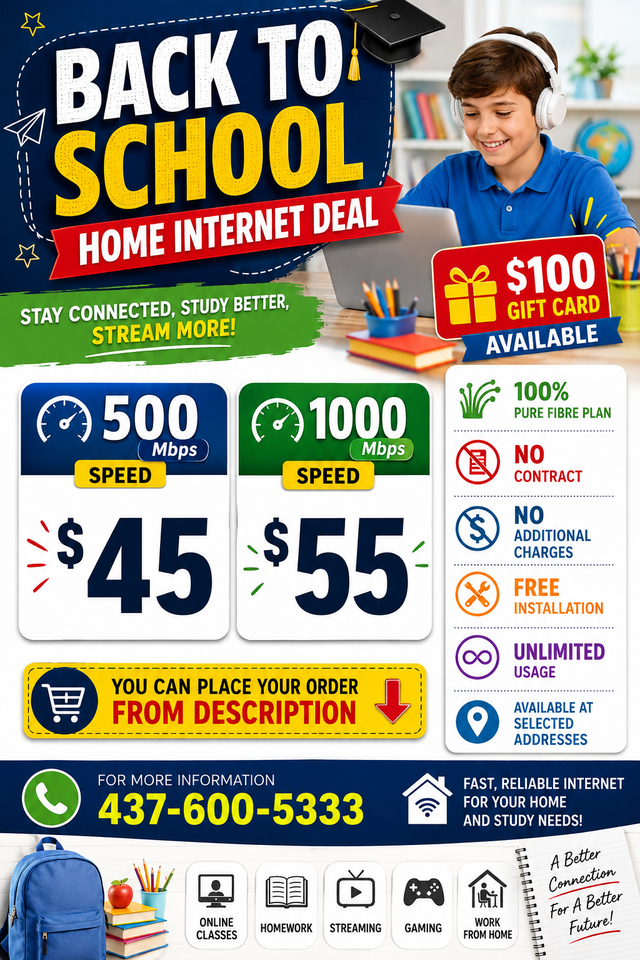 Back to School Internet | 500 Mbps $45 | 1Gbps $55 | Fibre