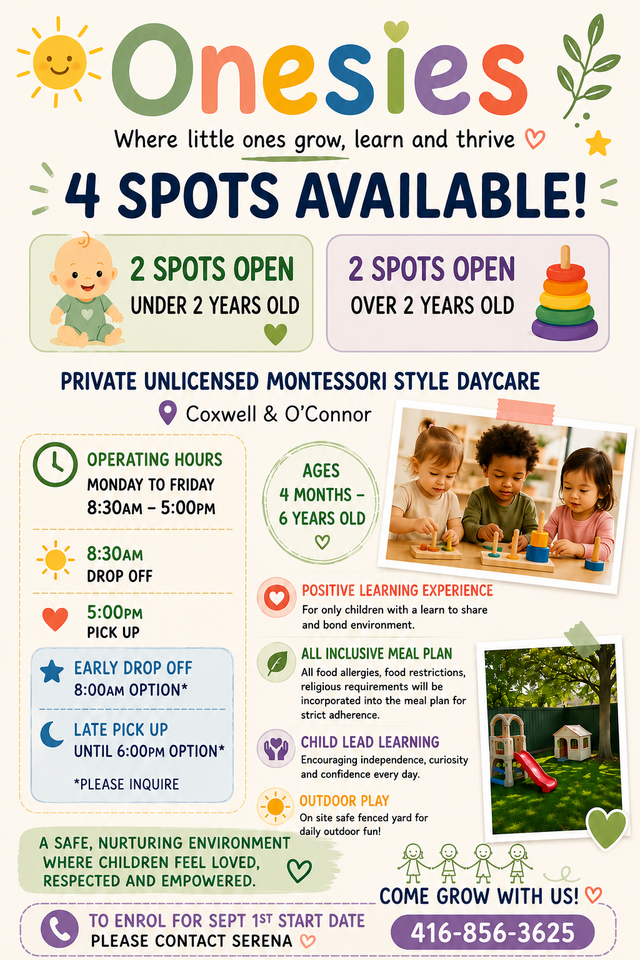 Hiring FT and PT ECE Private 5 children daycare East York