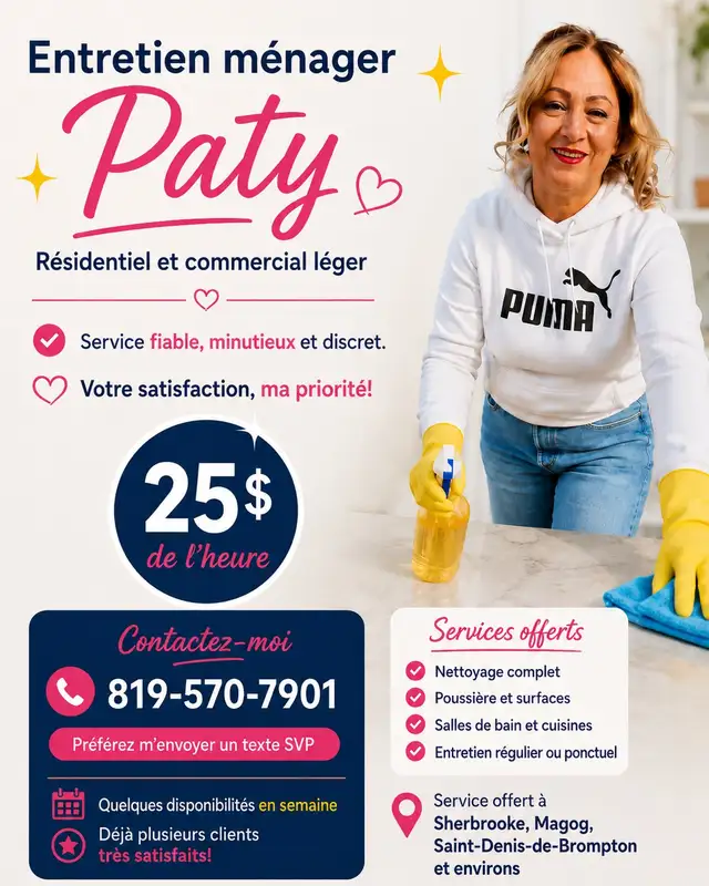 ENTRETIEN MÉNAGER PATY (Sherbrooke, Magog, Saint-Denis)