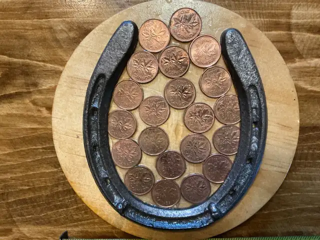 Antique Lucky Horseshoe with Canadian Pennies on Wood Plaque !