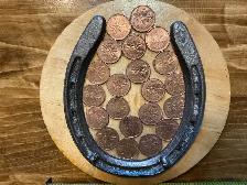 Antique Lucky Horseshoe with Canadian Pennies on Wood Plaque !