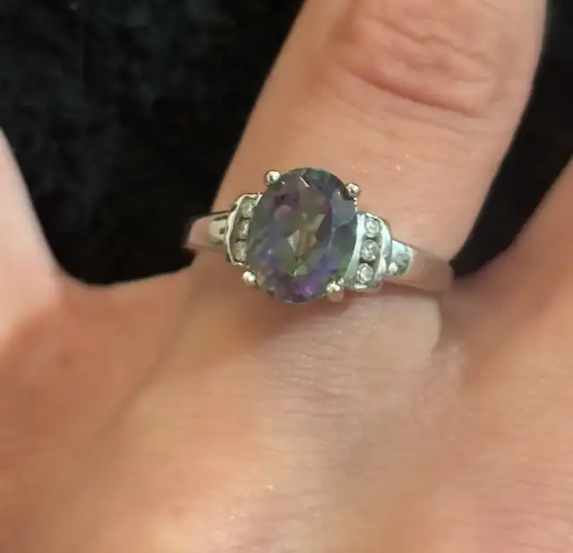10K White Gold Mystic Topaz Ring with Diamond Accents