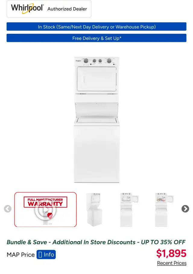Whirlpool Stacked Washer & Dryer – Space-Saving Laundry Center