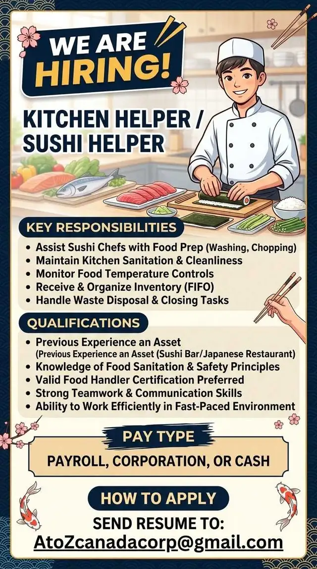 Kitchen Helper / Sushi Helper (Full/Part-Time)