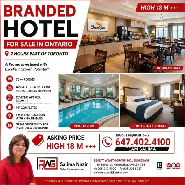 BRANDED HOTEL 3 HOURS EAST OF TORONTO.75   ROOMS