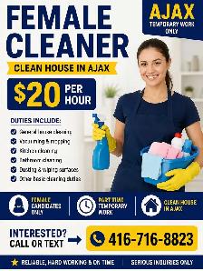FEMALE CLEANER NEEDED – AJAX$20 PER HOUR TEMPORARY WORK ONLY