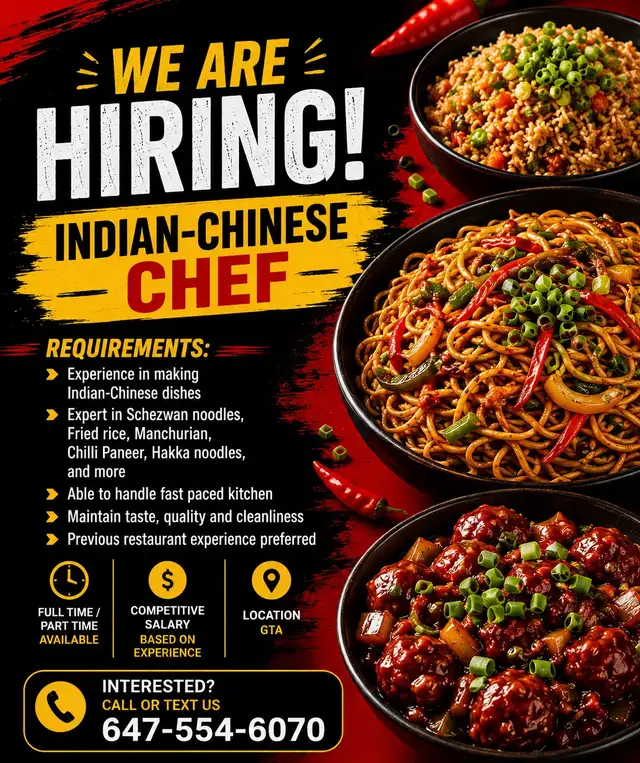 Indian-Chinese Chef Wanted – Part Time
