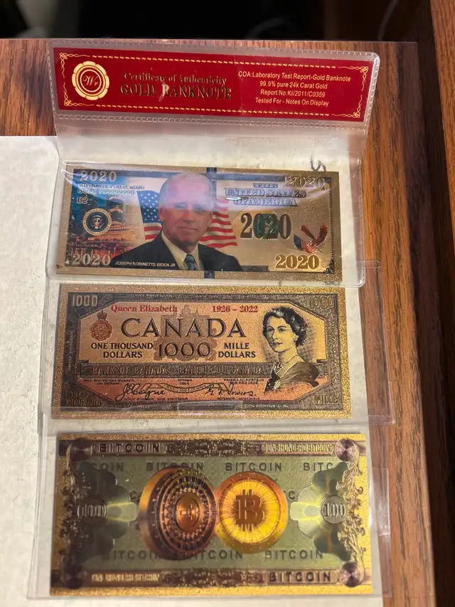THREE GOLD FOIL BILLSONE JOE BIDEN JR. 2020 BILL 24K FOILONE N