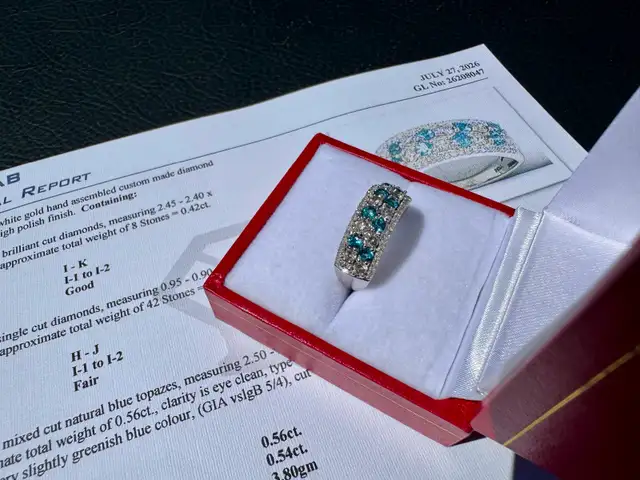 #889 - 14kt White Gold, Topaz & Diamond Band Size 6 1/4