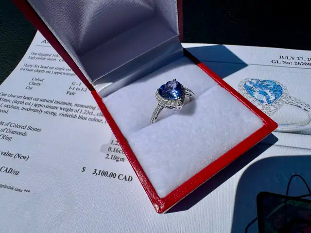 #899 - 10kt White Gold Heart Tanzanite & Diamond Ring Size 4 3/4