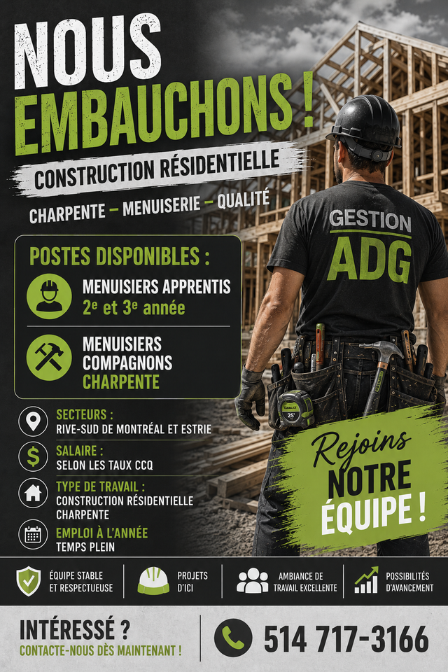 Offre d'emploi : Menuisier chez Gestion ADG