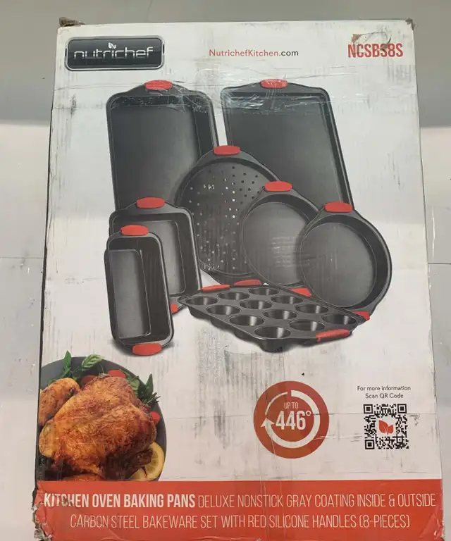 NutriChef NCSBS8S Baking Pans w/ Heat Red Silicone Handles, 8 Pi