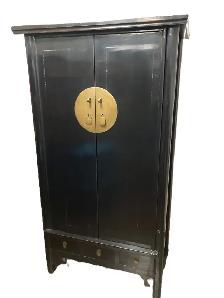 Antique Asian Armoire - Black Lacquer Finish - Hanging Bar
