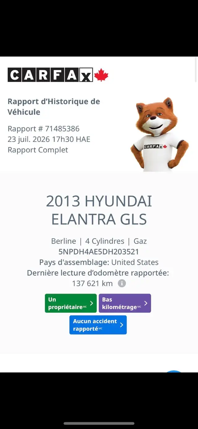 133000 KM Hyundai Elantra GL auto 1 seul proprio  jamais acciden