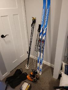Womens cross country skis, boots, poles, gators and wax kit