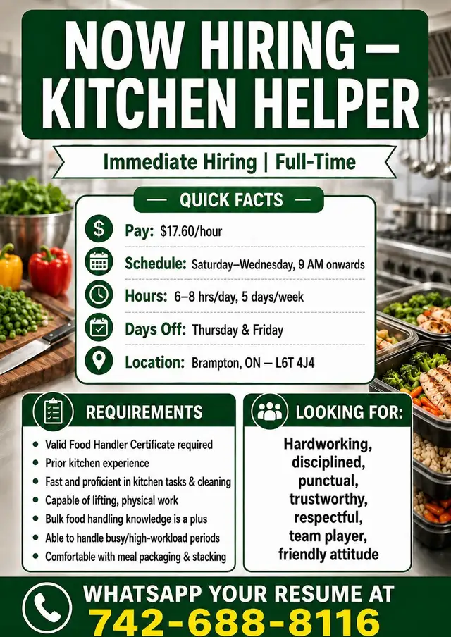 We're Hiring — Kitchen HelperIMMEDIATE HIRING • FULL-TIME