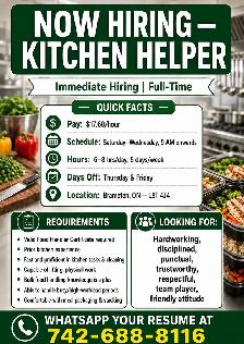 We're Hiring — Kitchen HelperIMMEDIATE HIRING • FULL-TIME