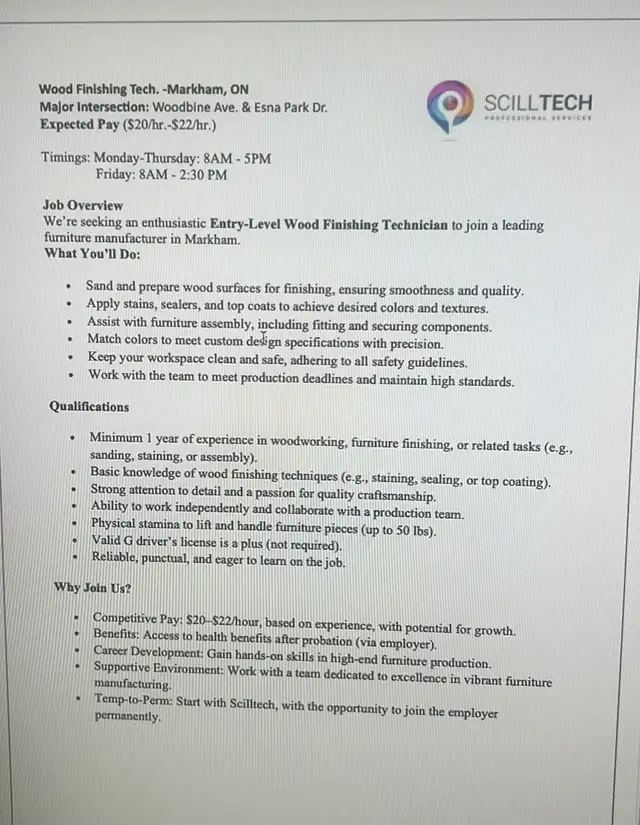 Wood Finishing Technician Position