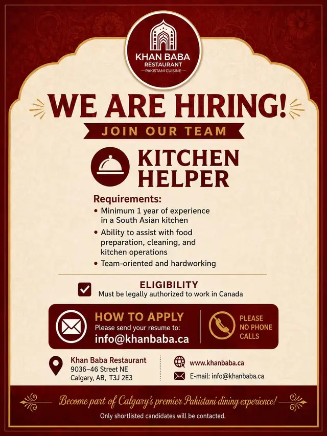 Job posting for Kitchen Helper
