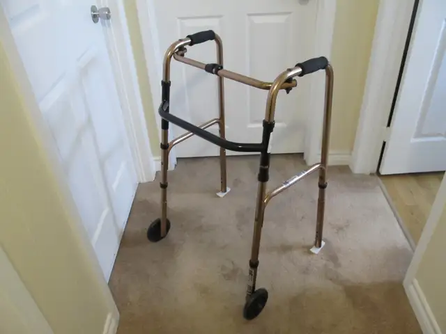 Two Wheeled AMG Folding Aluminum Walker with Skiis - Like New