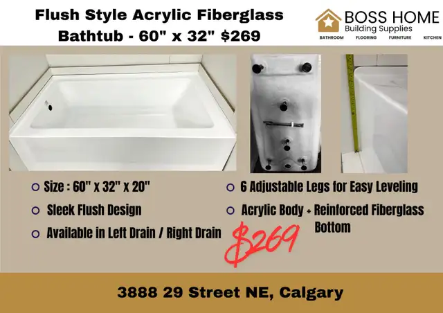 YYC Affordable Flush Style Acrylic Fibreglass Bathtubs In Stock
