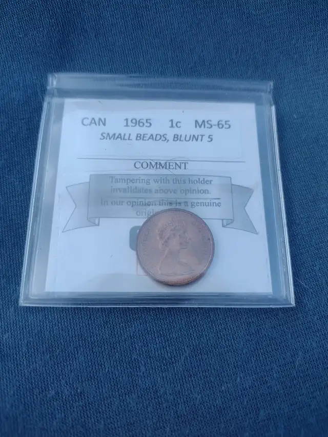 Graded ms65 1965 Canadian penny small beads blunt 5