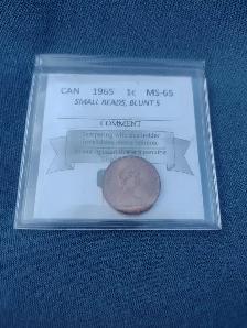 Graded ms65 1965 Canadian penny small beads blunt 5
