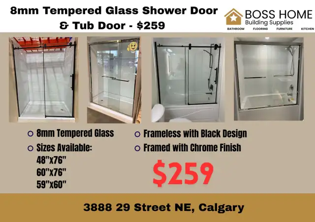 Calgary – Glass Shower Door & Tub Door | Black or Chrome – $259