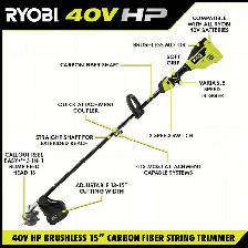 New! RYOBI 40V HP Brushless 15' Carbon-Fiber String Trimmer - Photo 2