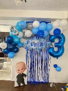 balloon Garland , custom cakes , gold arch setup