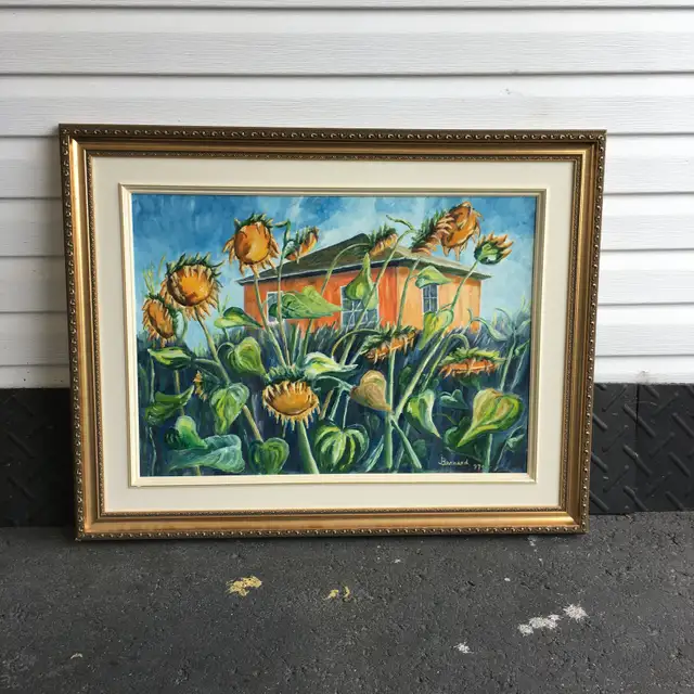 Tableau, peintre québécois ‘’ Bernard ‘’, Maison aux tournesols