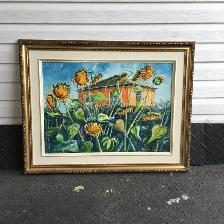 Tableau, peintre québécois ‘’ Bernard ‘’, Maison aux tournesols
