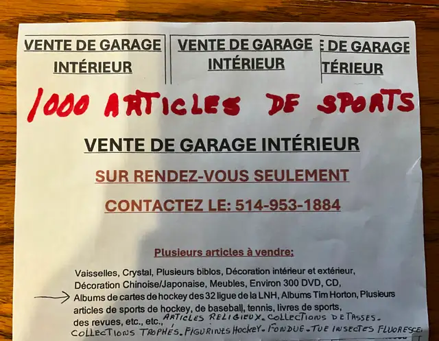 VENTE DE GARAGE DE SPORTS / INTÉRIEUR