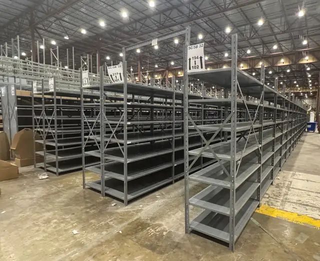 Used industrial shelving 24" deep x 48" wide x 7’3 tall