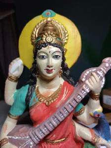 Handpainted 7' Goddess Saraswati Statue Patron of Arts - Photo 8