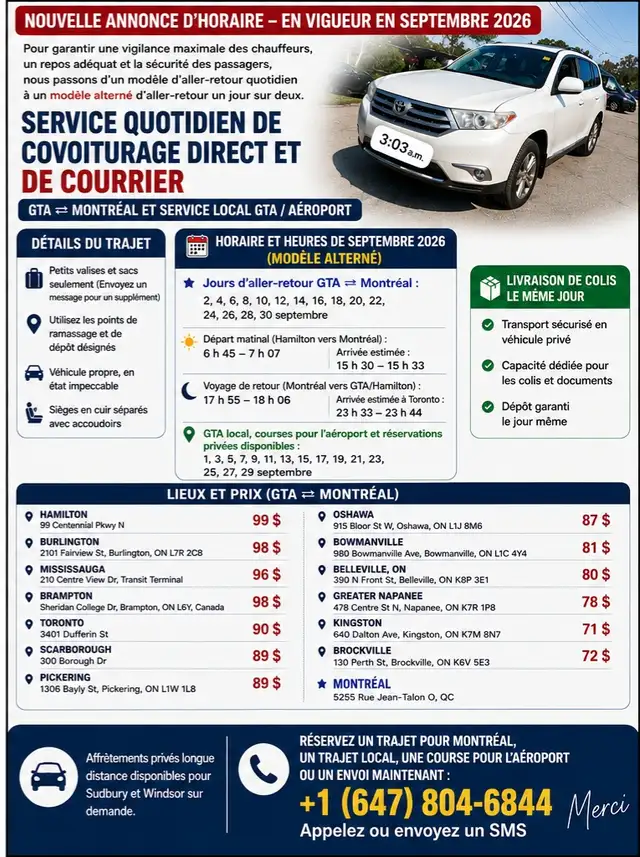 Septembre 2026 | GTA ⇄ Montréal Covoiturage & Colis