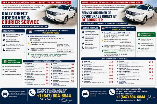 September 2026 | GTA ⇄ Montreal Rideshare & Courier