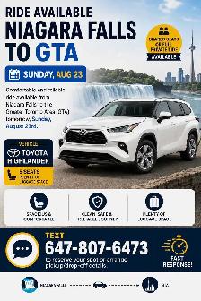 GTA to niagra Sunday 23 aug 647-807-6473